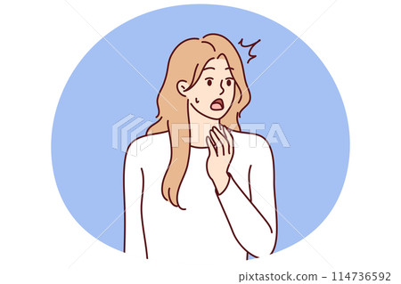 Young woman opens mouth when she sees unexpected event or experiences shock reaction 114736592