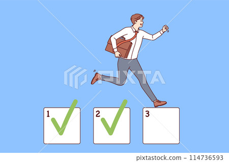 Business man is engaged in task management and marking already completed projects 114736593