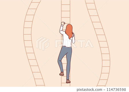 Progress woman climbs career ladder, choosing most promising path to achieve business success 114736598