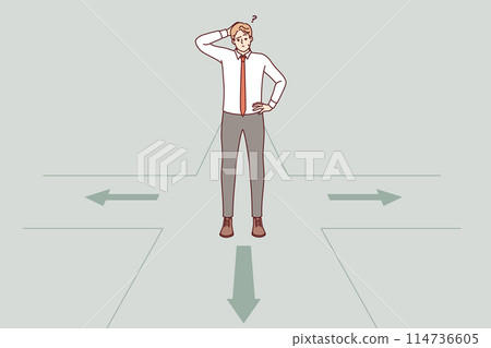 Thoughtful business man makes choice standing at crossroads and accepts difficult decision 114736605