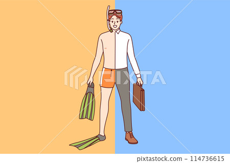 Man dressed in vacation clothes and business suit at same time, dreaming of quick summer sea voyage 114736615