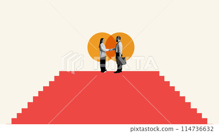 Contemporary art collage. Young man and woman stands on red stair against circles and shaking hands. Job interview. Contemporary art collage. Young man and woman stands on red stair against circles and shaking hands. Job interview. 114736632