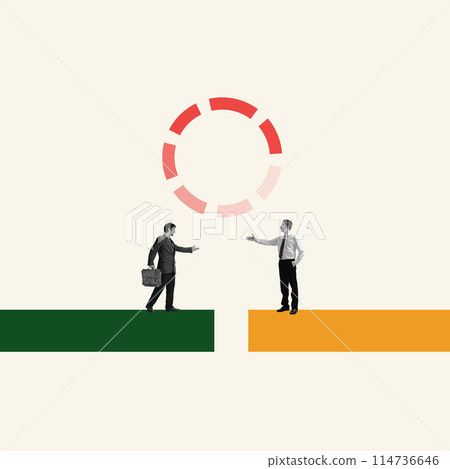 Contemporary art collage. Two young business man stands on colorful platform and reaching to each other to make deal. Star of cooperation. Contemporary art collage. Two young business man stands on colorful platform and reaching to each other to make deal. Star of cooperation. 114736646
