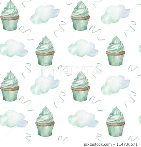 Monochrome mint muffins cupcake with confetti and cloud watercolor seamless pattern. Hand drawn background for child birthday party, stationery, invitation design. Wrapping paper, gift box Monochrome mint muffins cupcake with confetti and cloud watercolor seamless pattern. Hand drawn background for child birthday party, stationery, invitation design. Wrapping paper, gift box 114736671