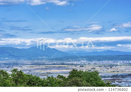 Aizu Basin in early summer: Aerial view from Futanuma Lake, Aizu Misato Town, Fukushima Prefecture Aizu Basin in early summer: Aerial view from Futanuma Lake, Aizu Misato Town, Fukushima Prefecture 114736802