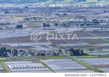Aizu Basin scenery in early summer and a train on the Tadami Line, aerial view from Futanuma, Aizu Misato Town, Fukushima Prefecture Aizu Basin scenery in early summer and a train on the Tadami Line, aerial view from Futanuma, Aizu Misato Town, Fukushima Prefecture 114736813