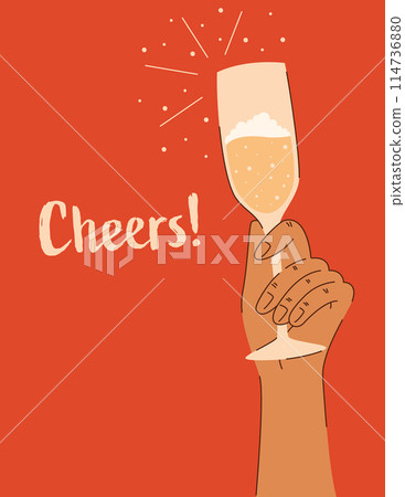 Cheers message alongside a hand clutching a champagne glass 114736880