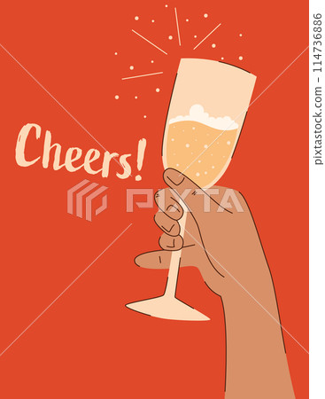 Champagne glass held in hand, with the inscription Cheers Champagne glass held in hand, with the inscription Cheers 114736886
