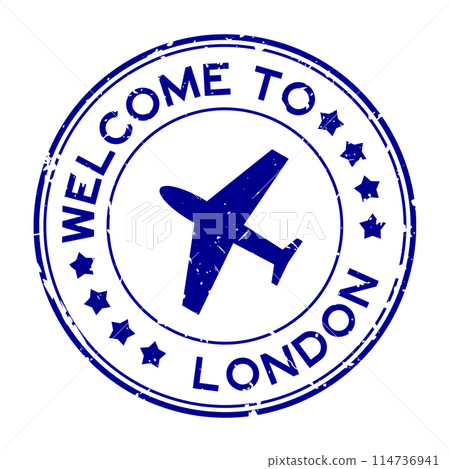 Grunge blue welcome to london with airplane icon round rubber seal stamp on white background Grunge blue welcome to london with airplane icon round rubber seal stamp on white background 114736941