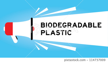 Color megaphone icon with word biodegradable plastic in white banner on blue background 114737009