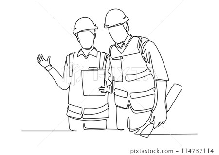 Single one line drawing young construction manager do short brief to builder coordinator on site. Building architecture business concept. Modern continuous line draw design graphic vector illustration 114737114
