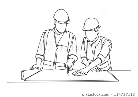 Continuous one line drawing young architect explaining sketch construction design on the table to manager. Building architecture business concept. Single line draw design vector graphic illustration 114737118