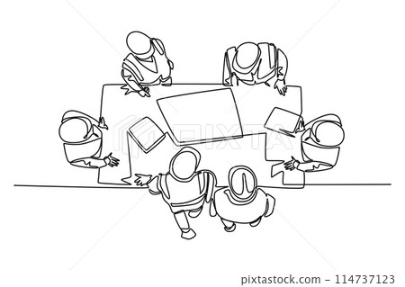 Continuous one line drawing young architect and construction builder discussing blueprint building design from top view. Home architecture concept. Single line draw design vector graphic illustration 114737123