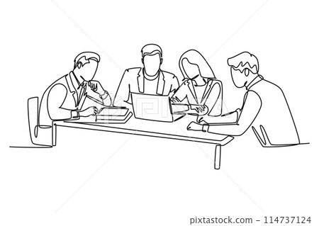 Continuous one line drawing of young happy female CEO presenting new technology innovation to the members at the office. Startup work life concept. Single line draw design vector graphic illustration Continuous one line drawing of young happy female CEO presenting new technology innovation to the members at the office. Startup work life concept. Single line draw design vector graphic illustration 114737124