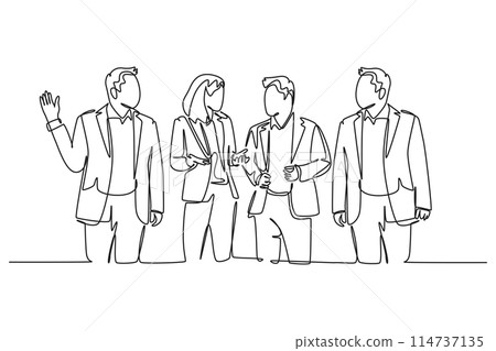 Single one line drawing young male and female employees have a little chat while a working break at the head office. Workers daily life. Modern continuous line draw design graphic vector illustration 114737135
