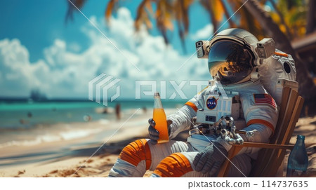 A man in a spacesuit is sitting on a beach chair with a glass of orange juice 114737635