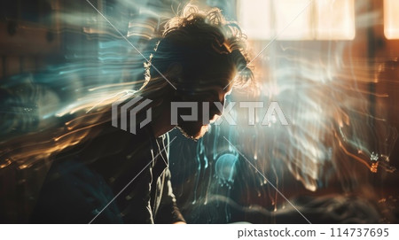 Long exposure blurry shot of a man in anxiety, Abstract young person corroding by depression or anxiety Long exposure blurry shot of a man in anxiety, Abstract young person corroding by depression or anxiety 114737695