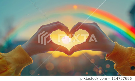 A close-up of two hands forming a heart shape, with a rainbow in the background, highlighting the themes of pride and love A close-up of two hands forming a heart shape, with a rainbow in the background, highlighting the themes of pride and love 114737696