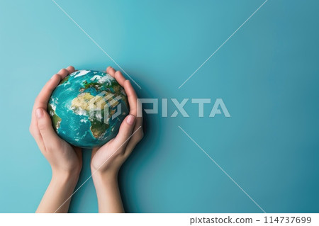World Environment Day, Earth globe in woman's hands on a blue background 114737699