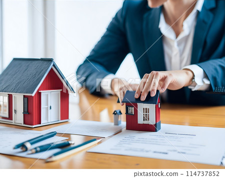 Mini house for real estate investment. Mortgage concept. Searching, choice of location for construction, rental housing. 114737852