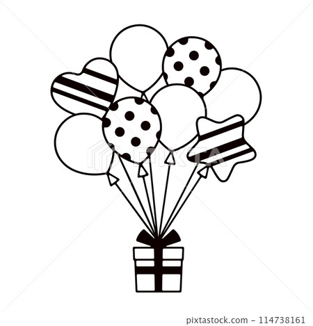 Black and white line drawing illustration of lots of balloons and gifts Black and white line drawing illustration of lots of balloons and gifts 114738161