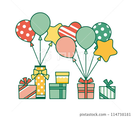 彩色氣球和禮物的柔和色彩線畫插圖素材 114738181