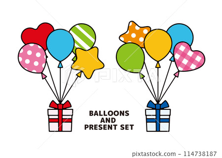 Cute line drawing illustration set of colorful balloons and gifts Cute line drawing illustration set of colorful balloons and gifts 114738187