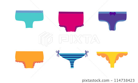 Set of women panties, underwear types string, thong, tanga, bikini. Cheeky, hipster, classic brief, slip, retro high waist or slimming underclothing collection. Cartoon Flat vector illustration. 114738423