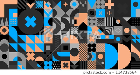 Trendy Seamless Peach Fuzz And Blue Abstract Vector Bauhaus Geometric Pattern Design Background Art 114738564