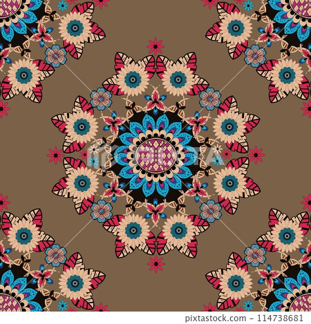 Discover the enchanting ethnic pattern featuring vibrant flowers and flying butterflies, inspired by the natural way of living The softness of the tones ethnic a touch of sweetness, ethnic making Discover the enchanting ethnic pattern featuring vibrant flowers and flying butterflies, inspired by the natural way of living The softness of the tones ethnic a touch of sweetness, ethnic making 114738681