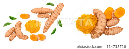 Turmeric powder and turmeric root isolated on white background. Top view. Flat lay Turmeric powder and turmeric root isolated on white background. Top view. Flat lay 114738716