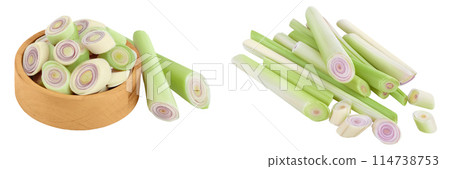 Fresh Lemongrass slices in wooden bowl isolated on white background with full depth of field 114738753
