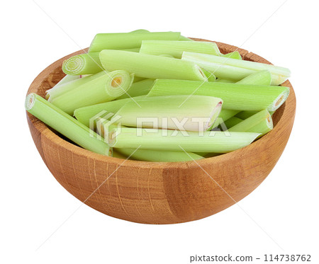 Fresh Lemongrass slices in wooden bowl isolated on white background with full depth of field 114738762