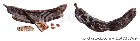 Ripe carob pods and bean isolated on white background with full depth of field Ripe carob pods and bean isolated on white background with full depth of field 114738769