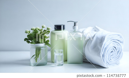 Spa composition with towels, aromatic oil, foliage on a table. Spa composition with towels, aromatic oil, foliage on a table. 114738777