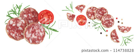 Cured salami sausage slices isolated on white background. Italian cuisine with full depth of field. Top view. Flat lay. 114738828
