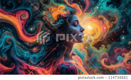 Portrait of a beautiful woman with abstract colorful multicolored background 114738881
