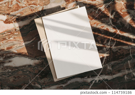 Blank greeting card, invitation, envelope mockup in sunlight from above. Colorful marble background. Red onyx texture. Harsh shadows, palm leaf overlay. Flat lay, top view. Branding template. Blank greeting card, invitation, envelope mockup in sunlight from above. Colorful marble background. Red onyx texture. Harsh shadows, palm leaf overlay. Flat lay, top view. Branding template. 114739186