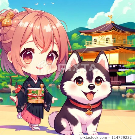 Chibi idol and husky visiting Kinkakuji temple Chibi idol and husky visiting Kinkakuji temple 114739222