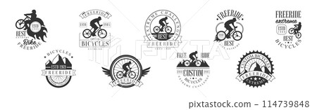 Freeride Bicycle Club Label and Logo Design Vector Set Freeride Bicycle Club Label and Logo Design Vector Set 114739848