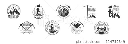 Mountain Climbing Extreme Adventure Tour Black And White Sign Design Template Vector Set Mountain Climbing Extreme Adventure Tour Black And White Sign Design Template Vector Set 114739849