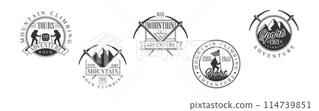 Mountain Climbing Extreme Adventure Tour Black And White Sign Design Template Vector Set Mountain Climbing Extreme Adventure Tour Black And White Sign Design Template Vector Set 114739851
