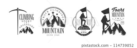 Mountain Climbing Extreme Adventure Tour Black And White Sign Design Template Vector Set Mountain Climbing Extreme Adventure Tour Black And White Sign Design Template Vector Set 114739852