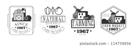 Organic Farm Product Label and Logo Monochrome Design Vector Set 114739856