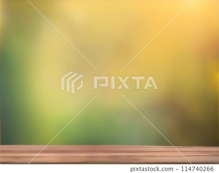 Empty wooden deck table over blurred nature background. Smooth stage for trendy product presentation. 114740266