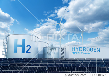 Green hydrogen factory concept. Hydrogen production from renewable energy sources. 114740373