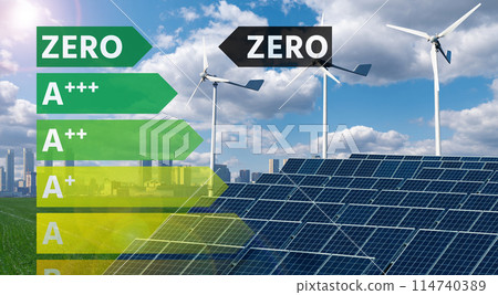 Renewable energy sources with energy label. Arrow points to Zero. Zero emission concept. 114740389