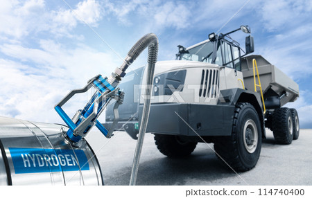 Hydrogen filling station on a background of mining truck 114740400