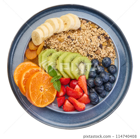 Granola with strawberries, kiwi, banana and blueberries in a round plate Granola with strawberries, kiwi, banana and blueberries in a round plate 114740408