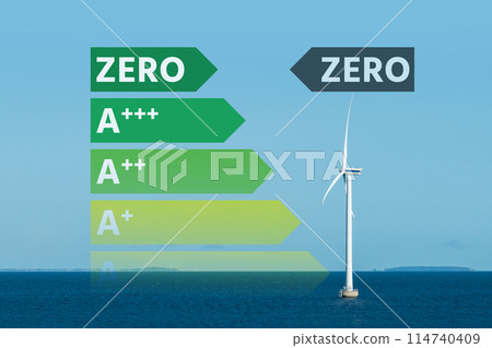 Renewable energy sources with energy label. Arrow points to Zero. Zero emission concept. 114740409